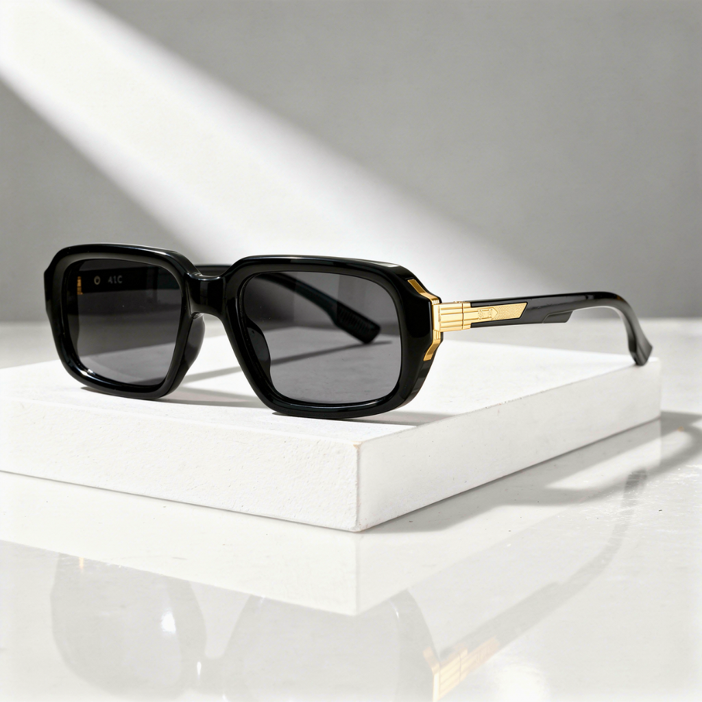 Black sunglasses with gold accents on a white surface