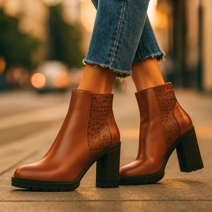 Brown ankle boots with a blurred street background