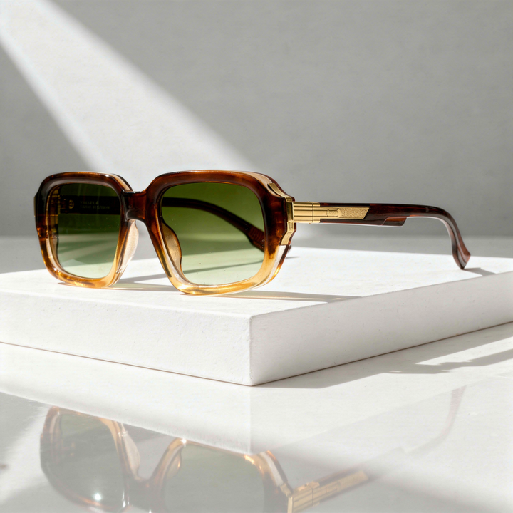 Sunglasses with tortoiseshell frame and green lenses on a white surface