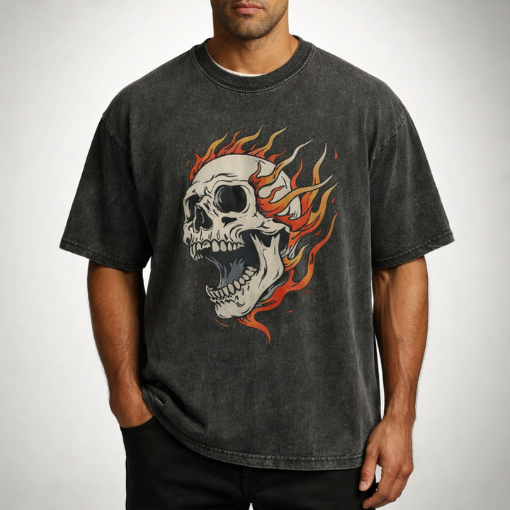 Oversized Acid Wash Flaming Skull Tee