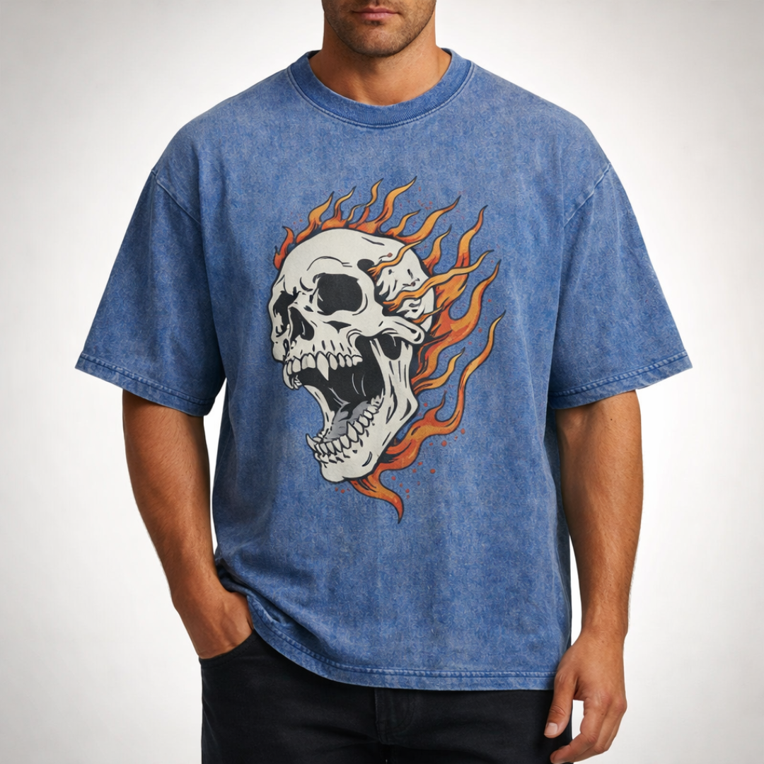 Oversized Acid Wash Flaming Skull Tee