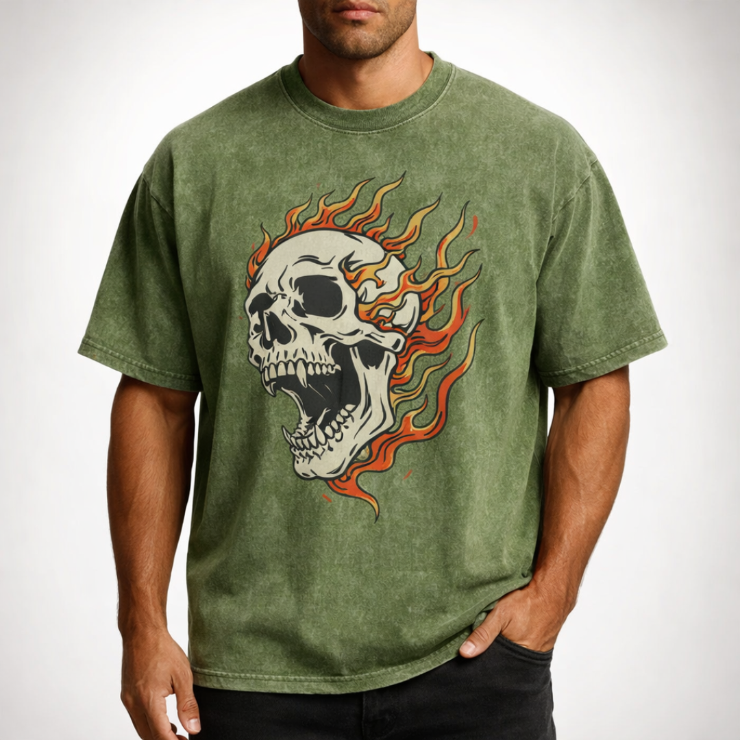 Oversized Acid Wash Flaming Skull Tee