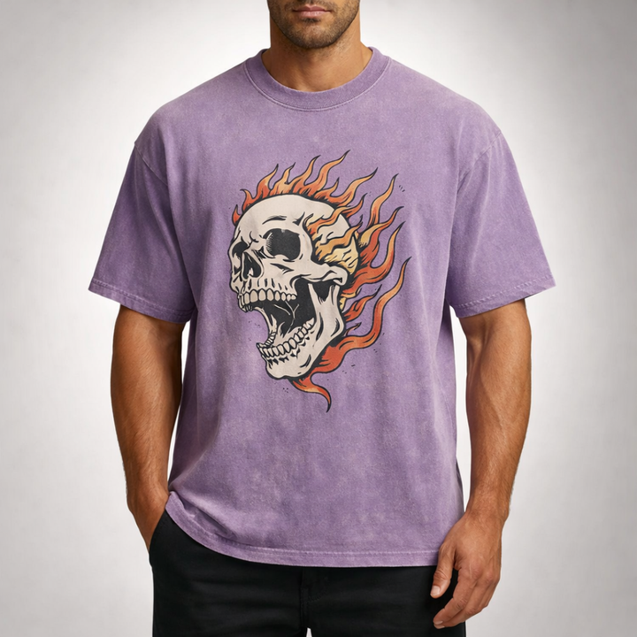 Oversized Acid Wash Flaming Skull Tee