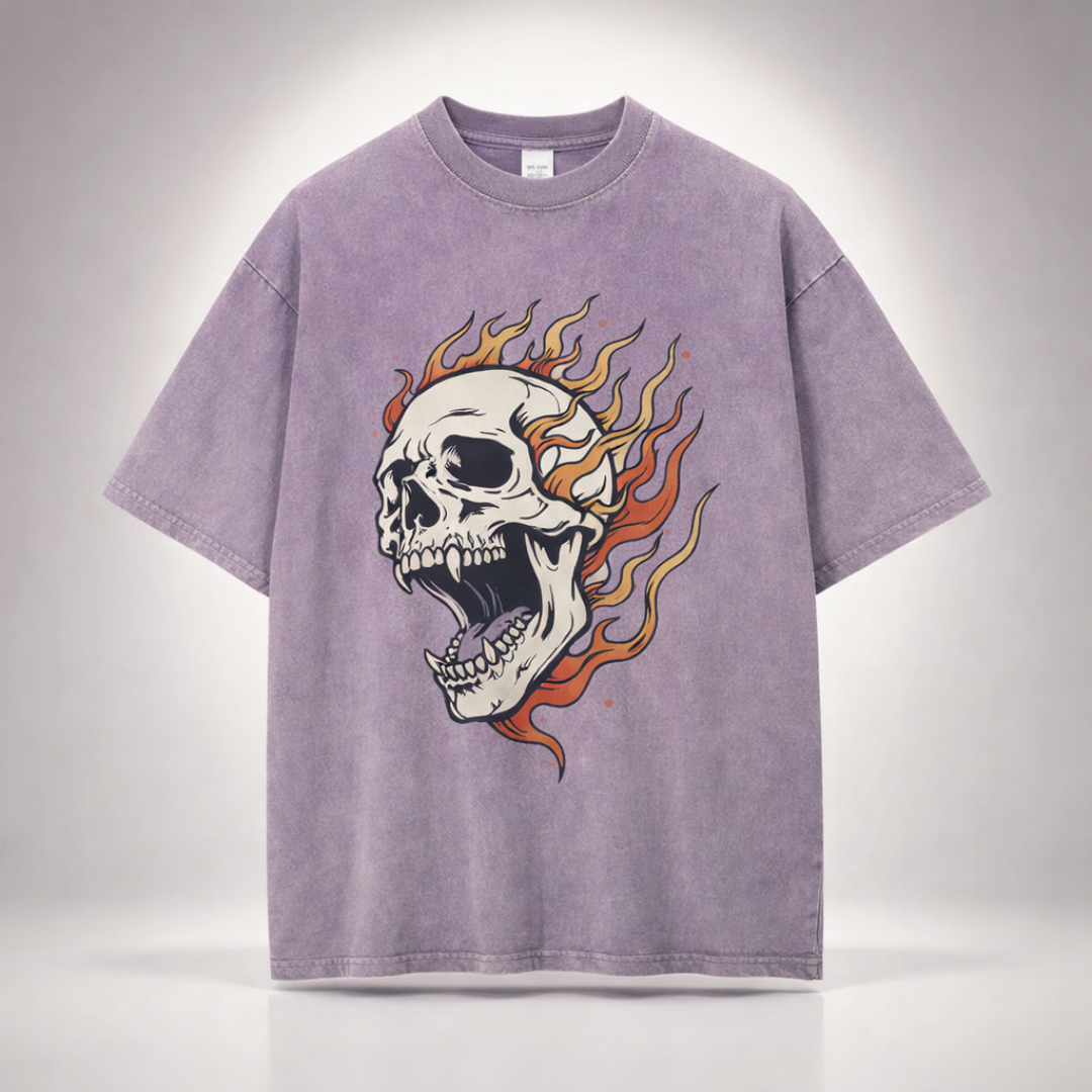 Oversized Acid Wash Flaming Skull Tee